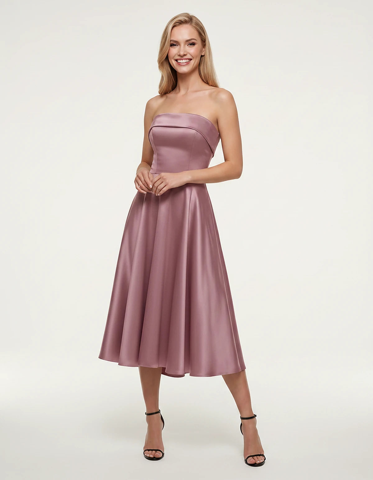 Satin Strapless A-Line Tea Length Midi Dress for Party, Cocktail, Evening, Prom, Wedding Guest and Summer Events, front view 