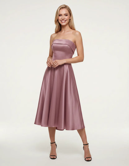 Satin Strapless A-Line Tea Length Midi Dress for Party, Cocktail, Evening, Prom, Wedding Guest and Summer Events, front view 