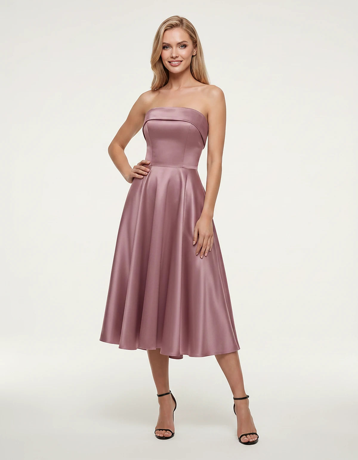 Satin Strapless A-Line Tea Length Midi Dress for Party, Cocktail, Evening, Prom, Wedding Guest and Summer Events, front view 