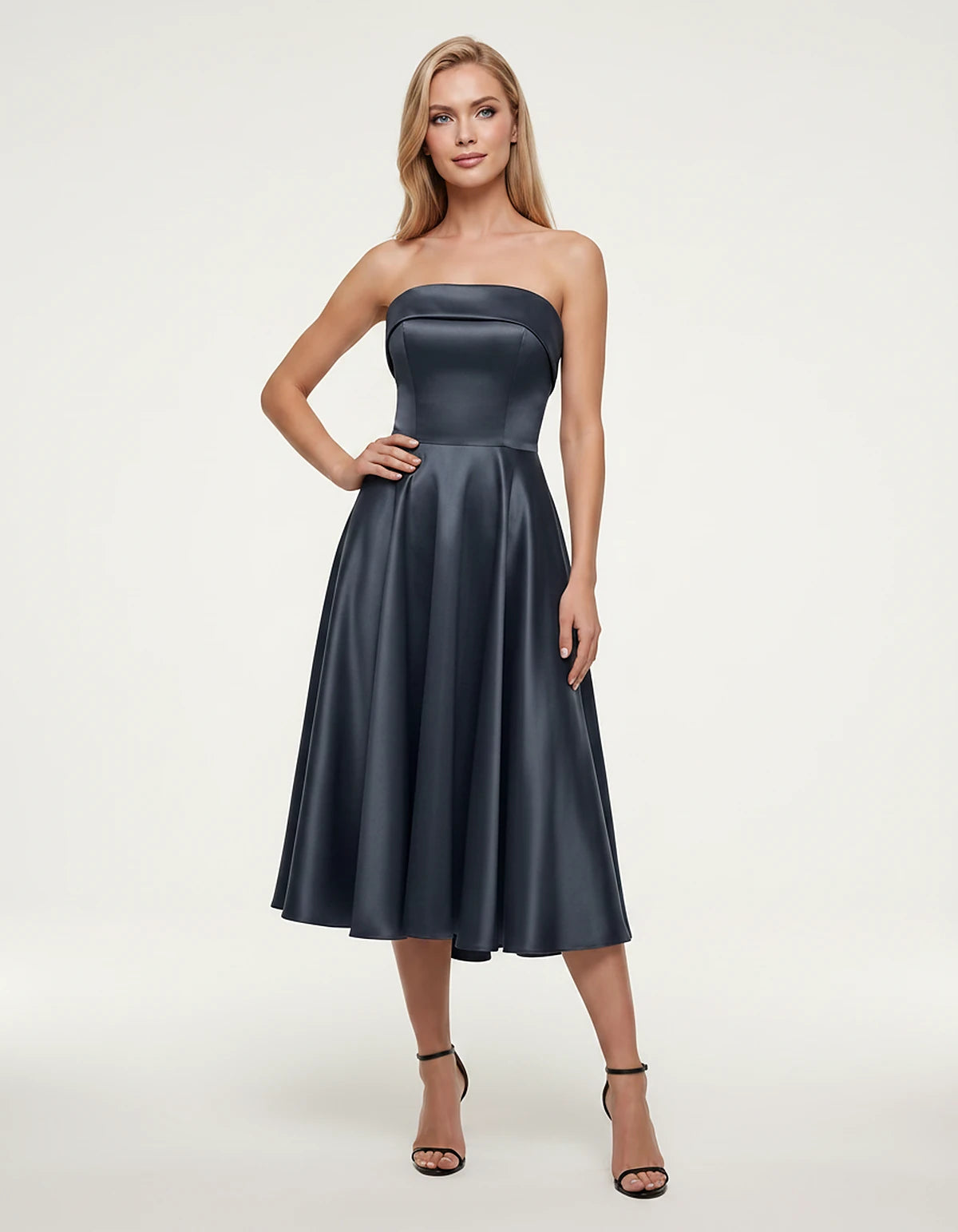 Satin Strapless A-Line Tea Length Midi Dress for Party, Cocktail, Evening, Prom, Wedding Guest and Summer Events, front view 