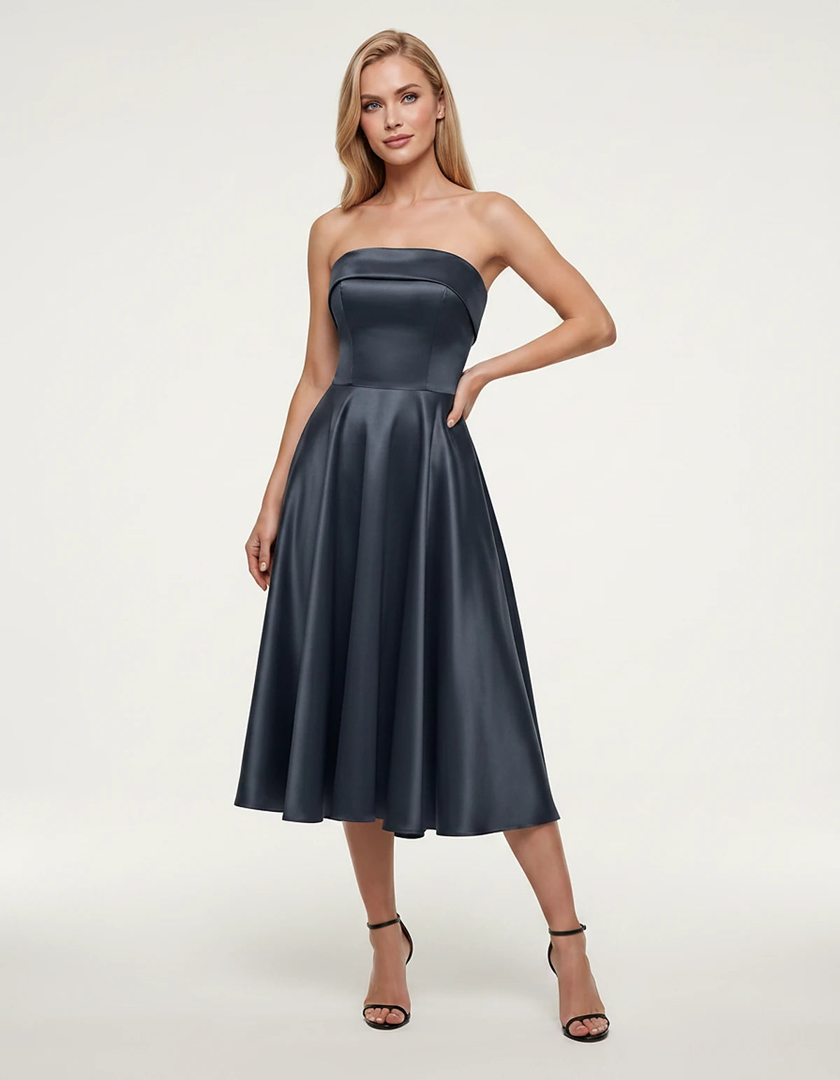 Satin Strapless A-Line Tea Length Midi Dress for Party, Cocktail, Evening, Prom, Wedding Guest and Summer Events, front view 