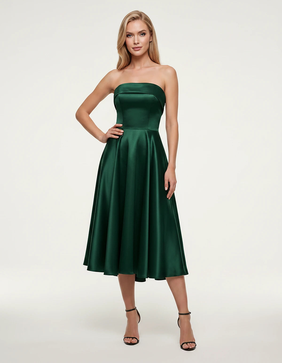 Satin Strapless A-Line Tea Length Midi Dress for Party, Cocktail, Evening, Prom, Wedding Guest and Summer Events, front view 