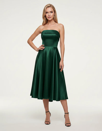 Satin Strapless A-Line Tea Length Midi Dress for Party, Cocktail, Evening, Prom, Wedding Guest and Summer Events, front view 