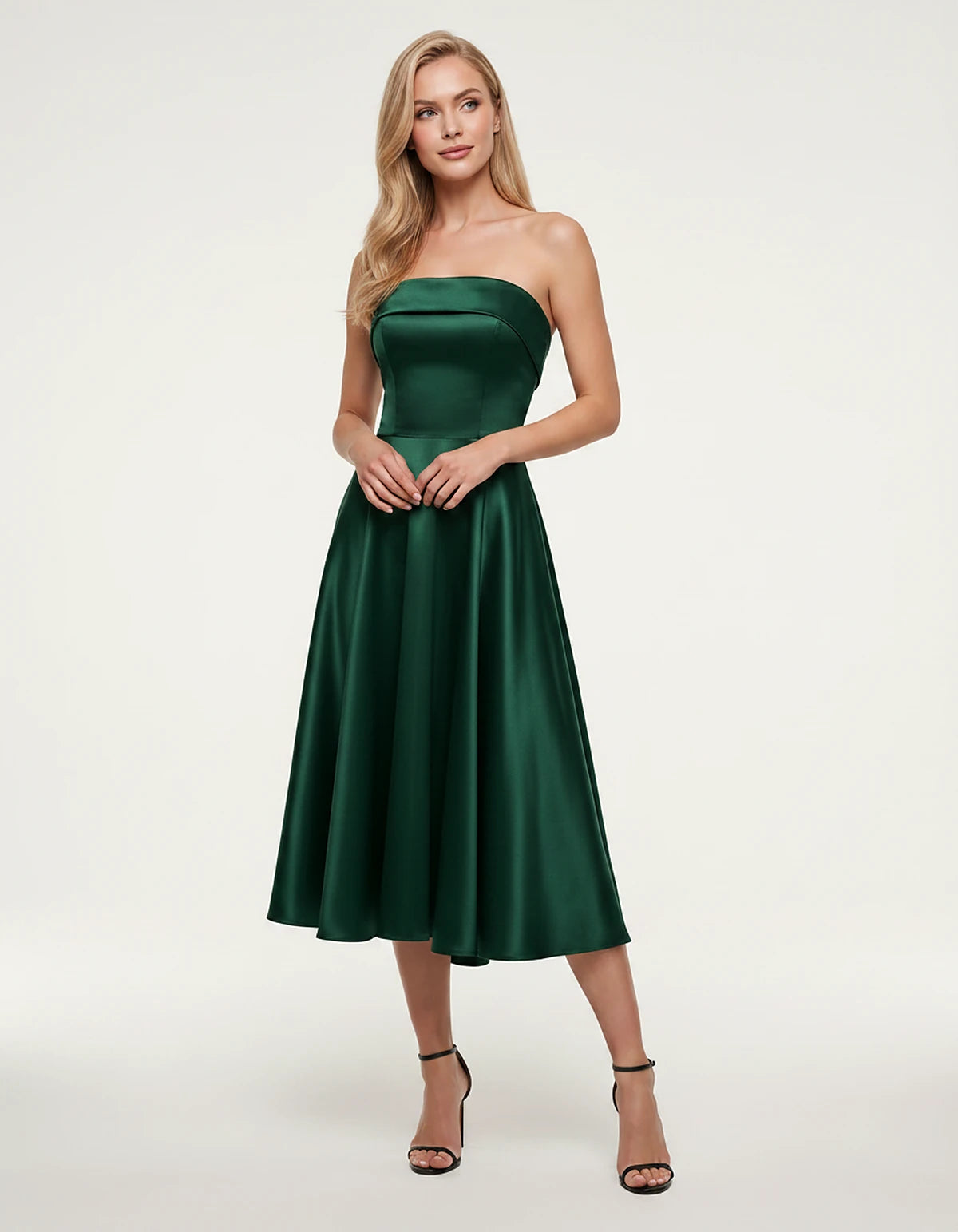 Satin Strapless A-Line Tea Length Midi Dress for Party, Cocktail, Evening, Prom, Wedding Guest and Summer Events, front view 