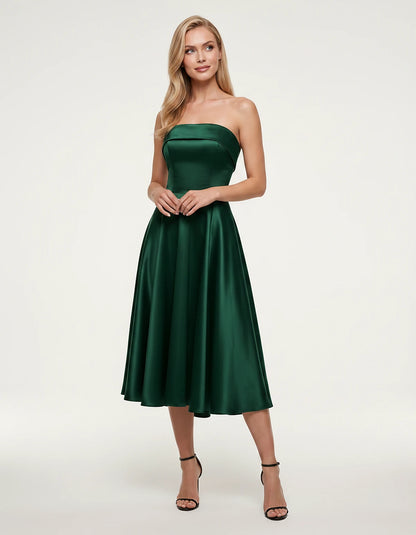 Satin Strapless A-Line Tea Length Midi Dress for Party, Cocktail, Evening, Prom, Wedding Guest and Summer Events, front view 