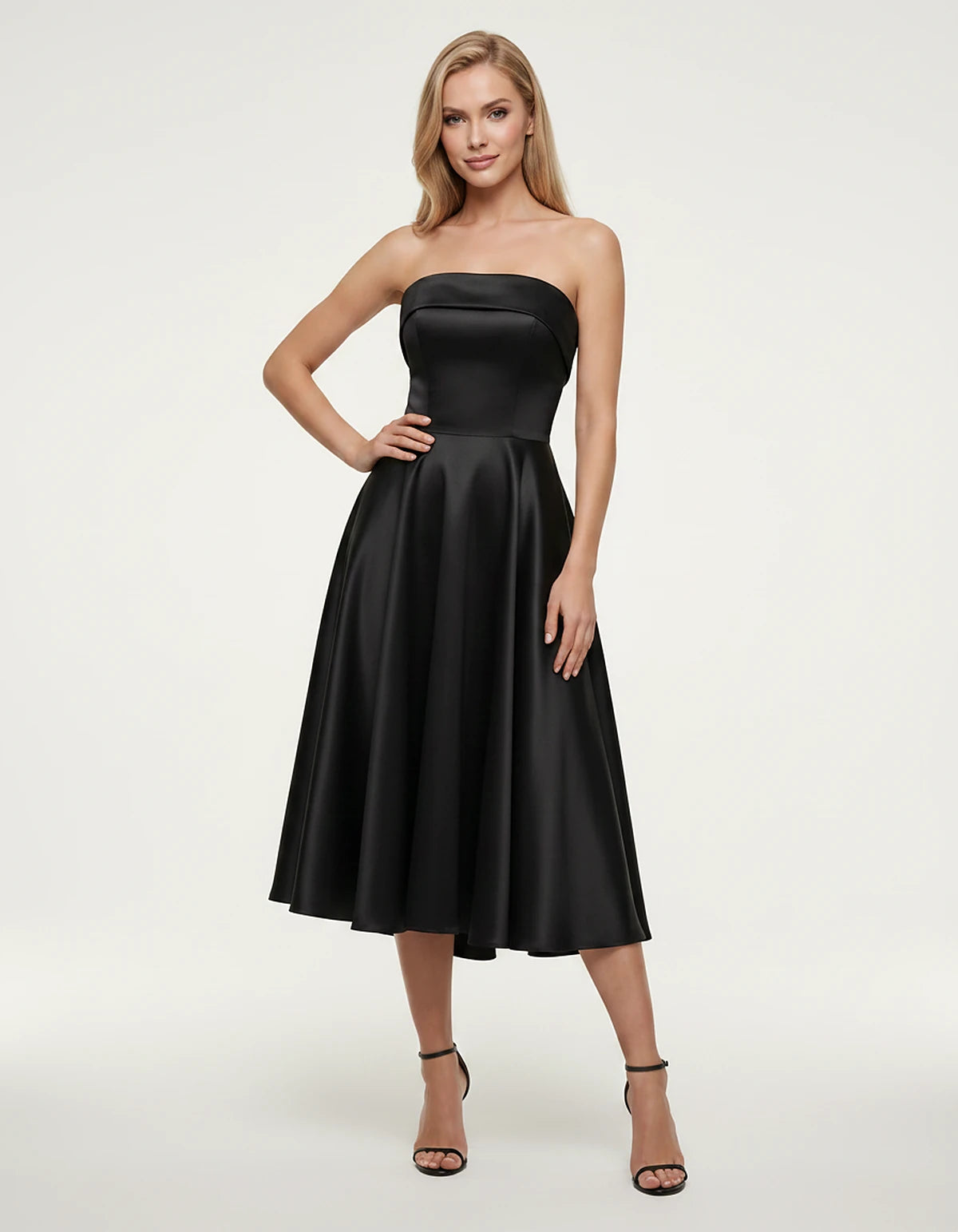 Satin Strapless A-Line Tea Length Midi Dress for Party, Cocktail, Evening, Prom, Wedding Guest and Summer Events, front view 