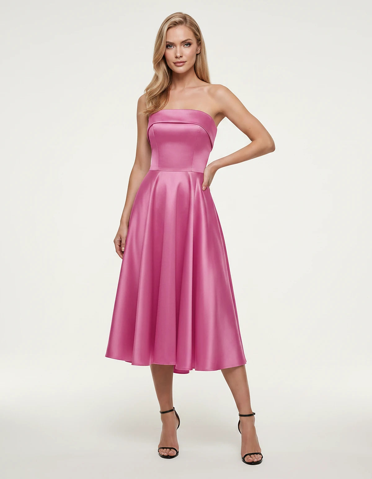 Satin Strapless A-Line Tea Length Midi Dress for Party, Cocktail, Evening, Prom, Wedding Guest and Summer Events, front view 