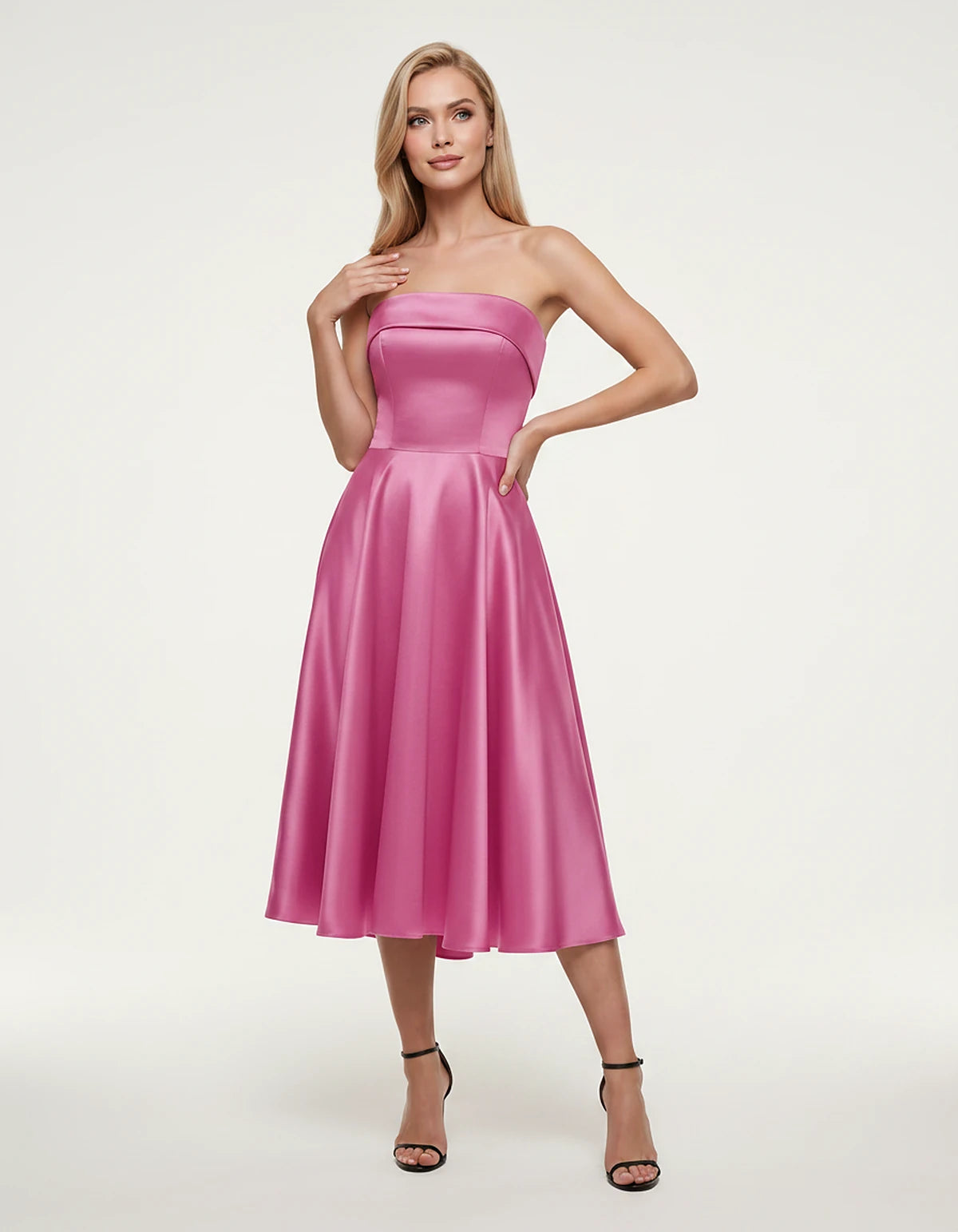 Satin Strapless A-Line Tea Length Midi Dress for Party, Cocktail, Evening, Prom, Wedding Guest and Summer Events, front view 