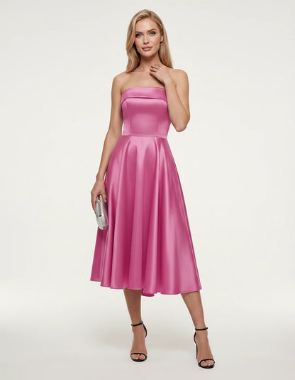 Satin Strapless A-Line Tea Length Midi Dress for Party, Cocktail, Evening, Prom, Wedding Guest and Summer Events, front view 
