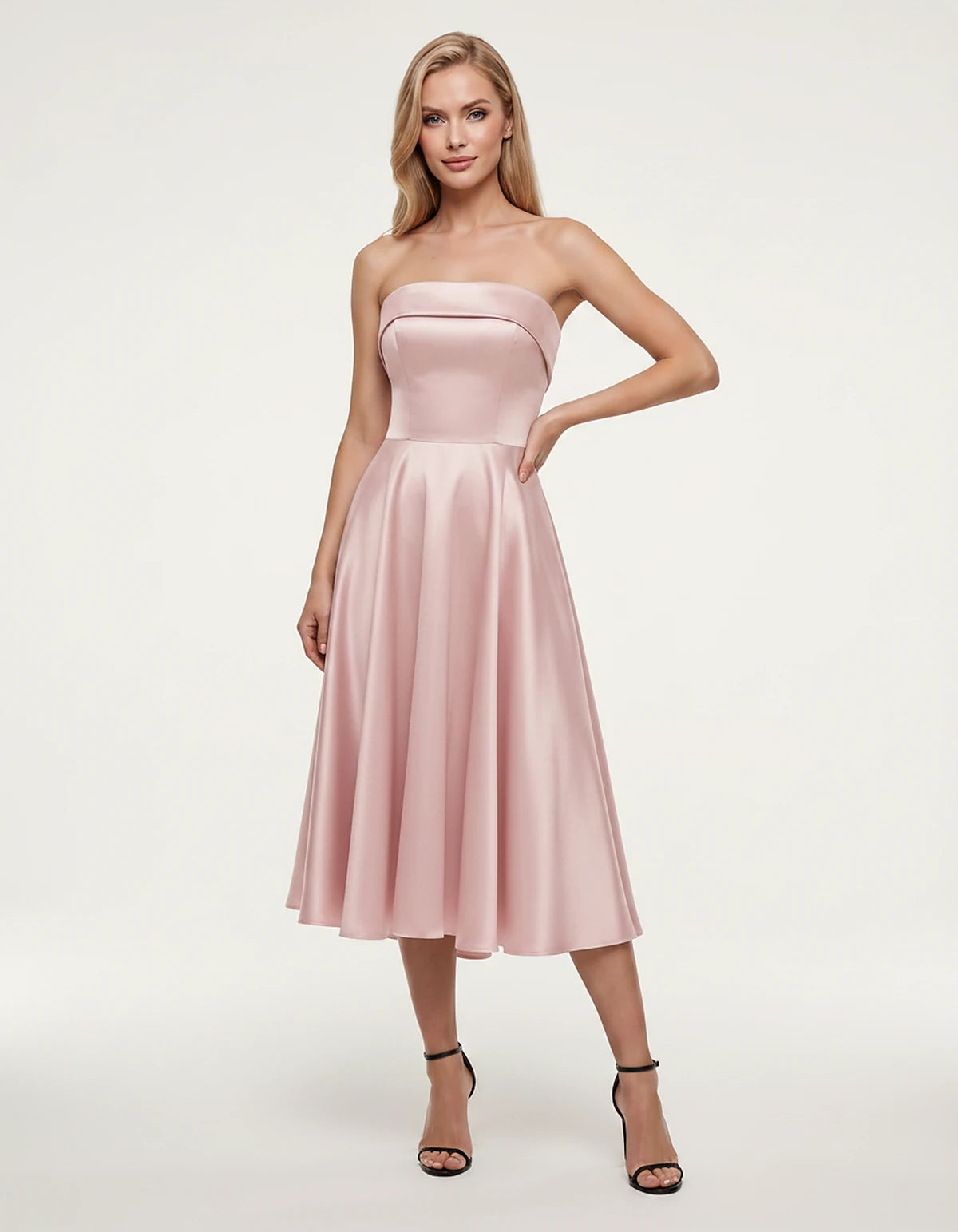 Satin Strapless A-Line Tea Length Midi Dress for Party, Cocktail, Evening, Prom, Wedding Guest and Summer Events, front view 