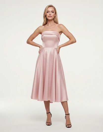 Satin Strapless A-Line Tea Length Midi Dress for Party, Cocktail, Evening, Prom, Wedding Guest and Summer Events, front view 