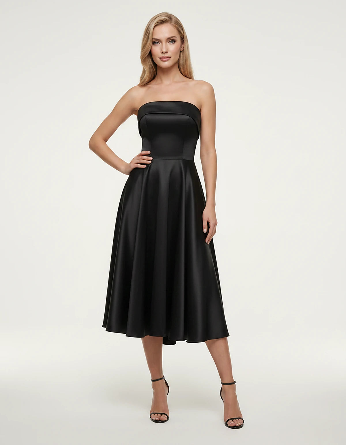 Satin Strapless A-Line Tea Length Midi Dress for Party, Cocktail, Evening, Prom, Wedding Guest and Summer Events, front view 