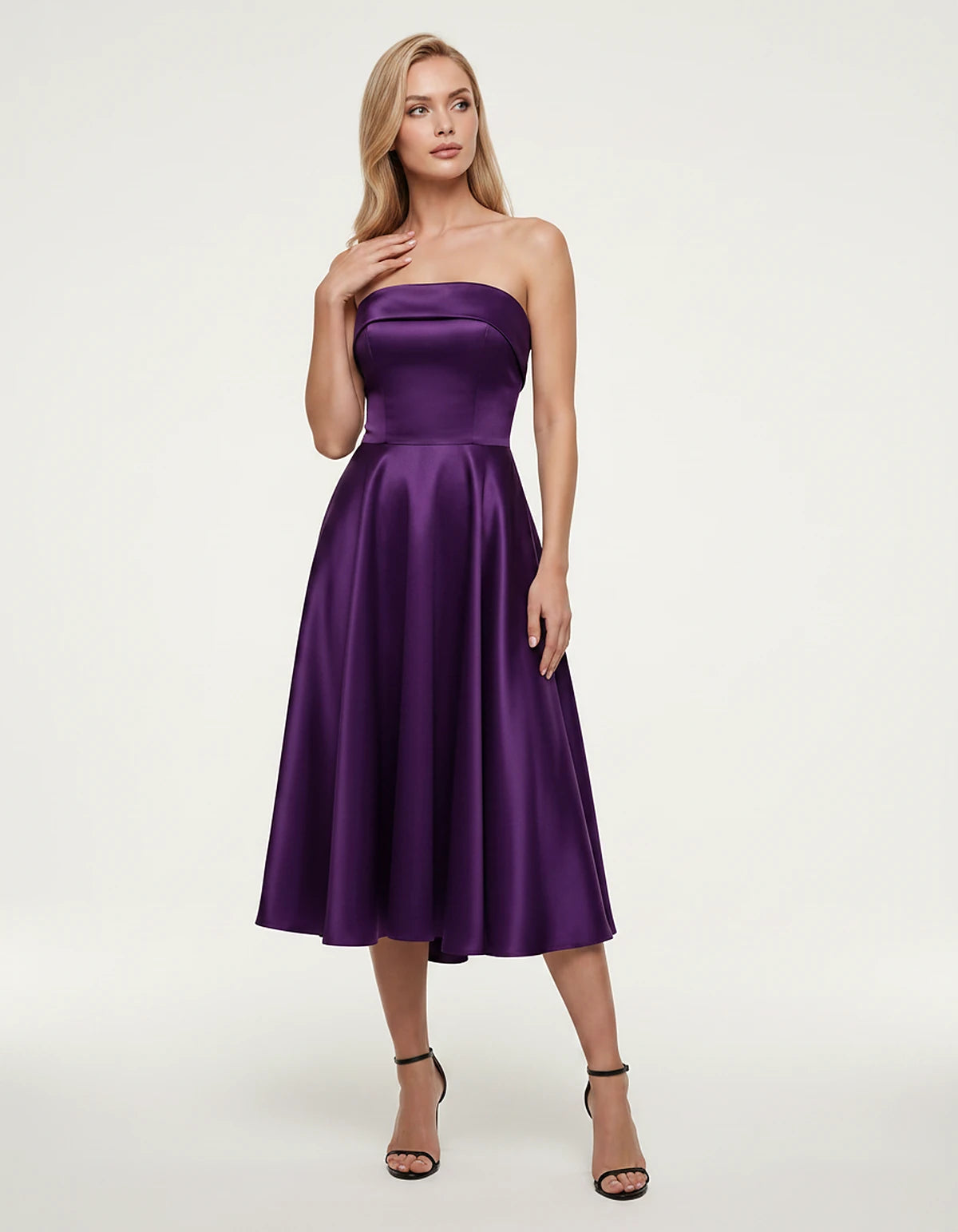 Satin Strapless A-Line Tea Length Midi Dress for Party, Cocktail, Evening, Prom, Wedding Guest and Summer Events, front view 