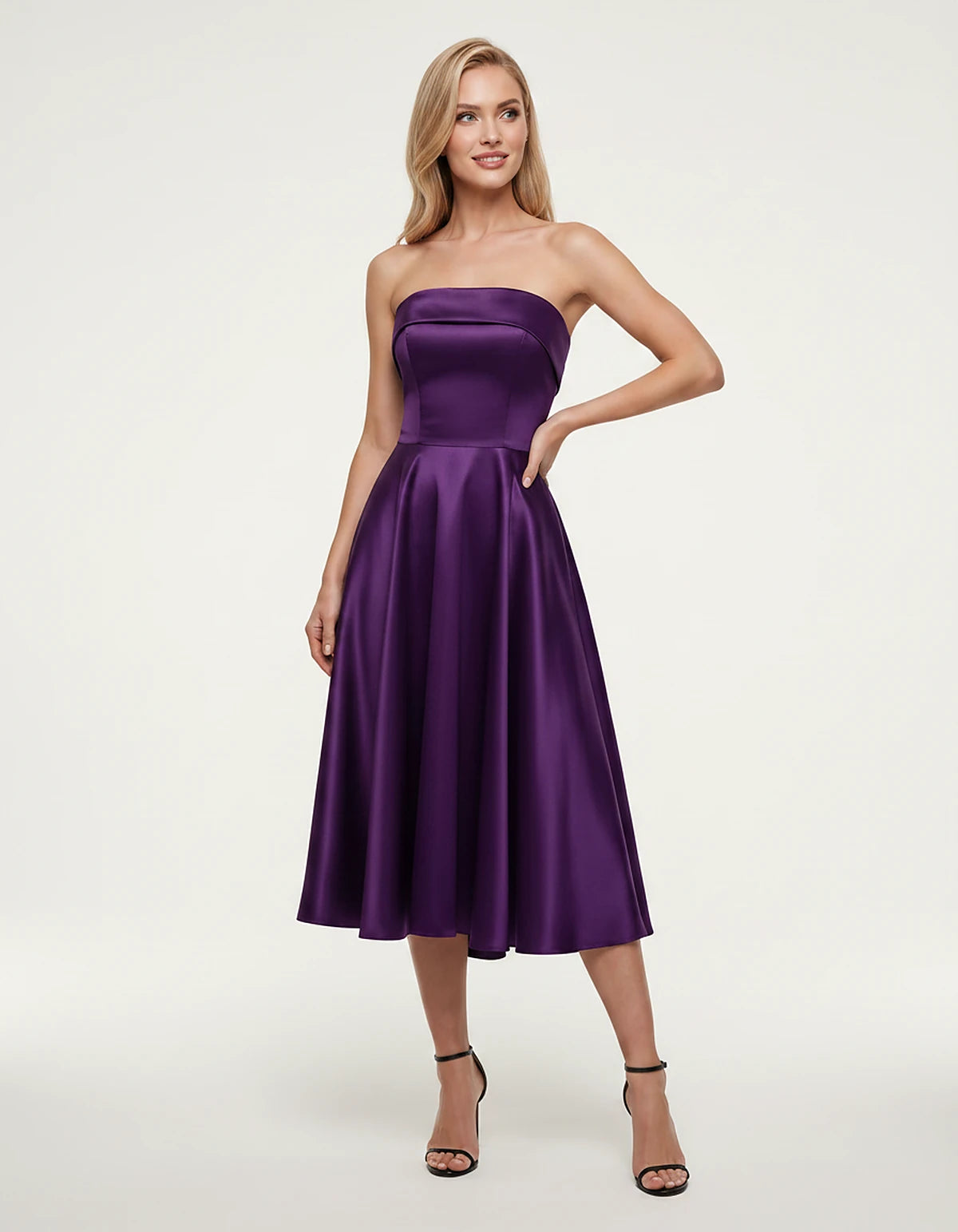 Satin Strapless A-Line Tea Length Midi Dress for Party, Cocktail, Evening, Prom, Wedding Guest and Summer Events, front view 