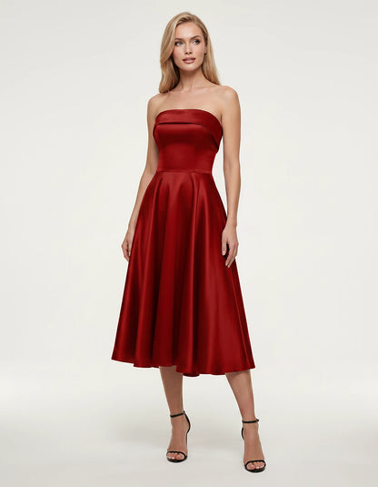 Satin Strapless A-Line Tea Length Midi Dress for Party, Cocktail, Evening, Prom, Wedding Guest and Summer Events, front view 