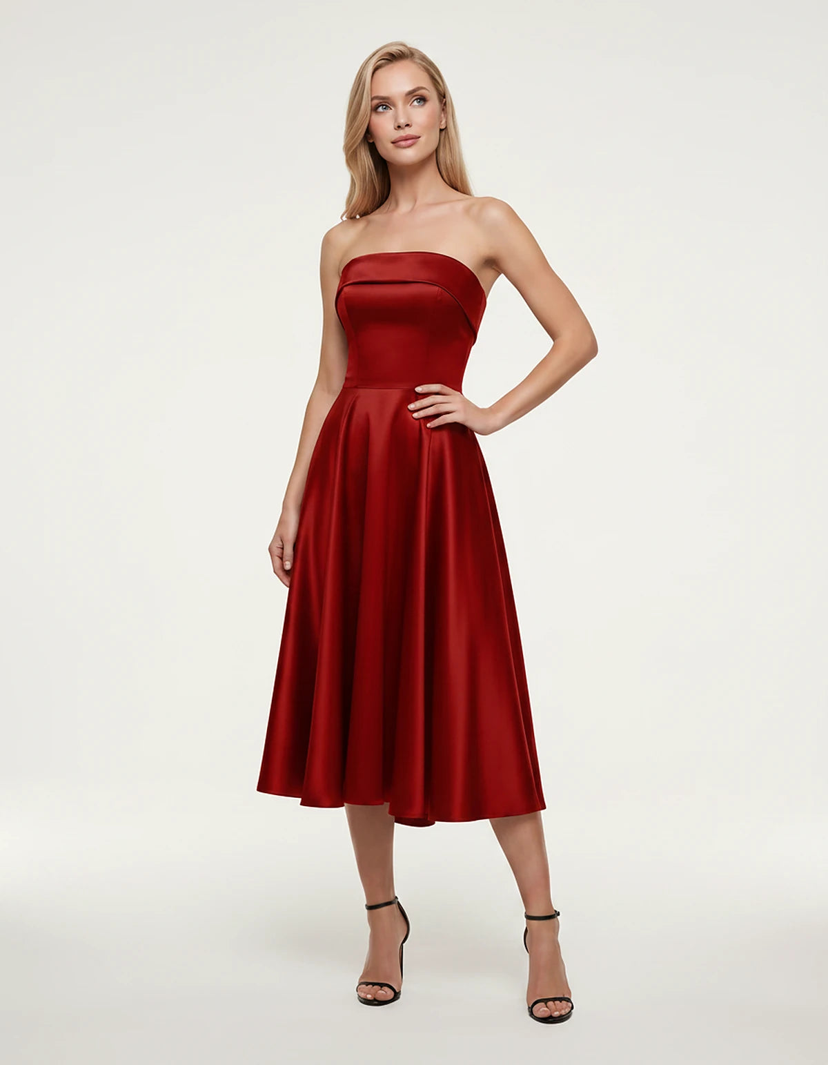 Satin Strapless A-Line Tea Length Midi Dress for Party, Cocktail, Evening, Prom, Wedding Guest and Summer Events, front view 