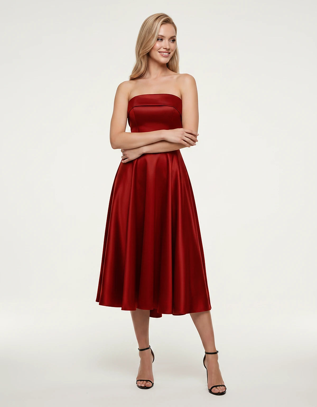 Satin Strapless A-Line Tea Length Midi Dress for Party, Cocktail, Evening, Prom, Wedding Guest and Summer Events, front view 