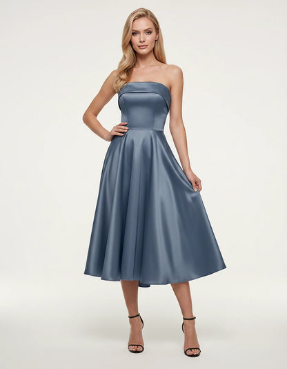 Satin Strapless A-Line Tea Length Midi Dress for Party, Cocktail, Evening, Prom, Wedding Guest and Summer Events, front view 