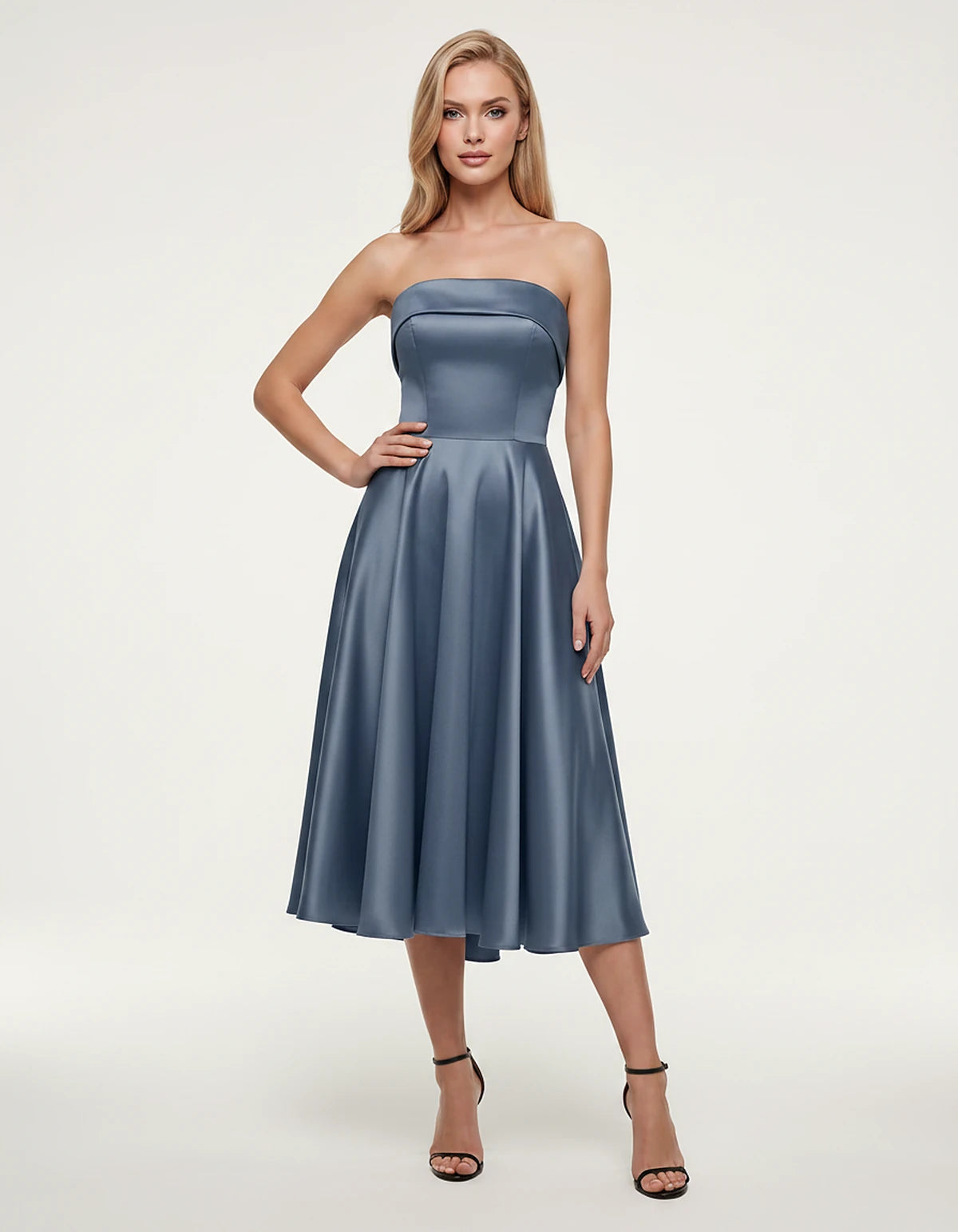 Satin Strapless A-Line Tea Length Midi Dress for Party, Cocktail, Evening, Prom, Wedding Guest and Summer Events, front view 