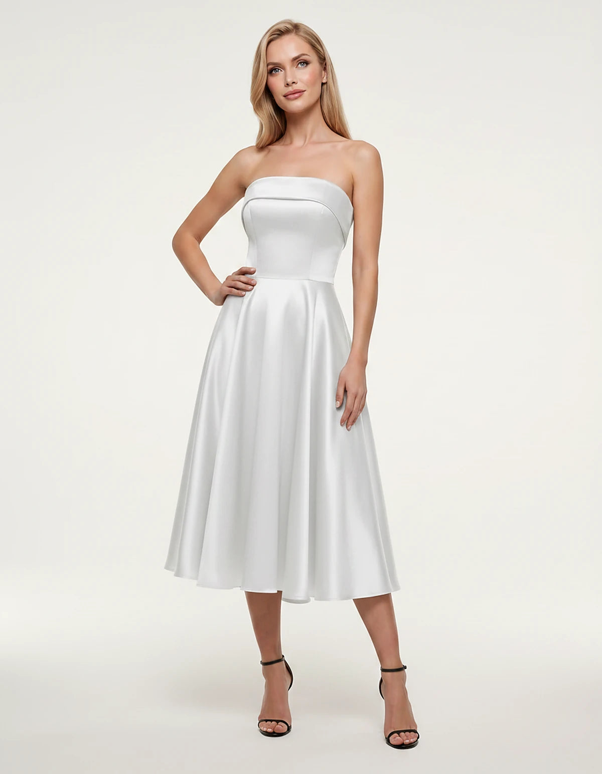 Satin Strapless A-Line Tea Length Midi Dress for Party, Cocktail, Evening, Prom, Wedding Guest and Summer Events, front view 