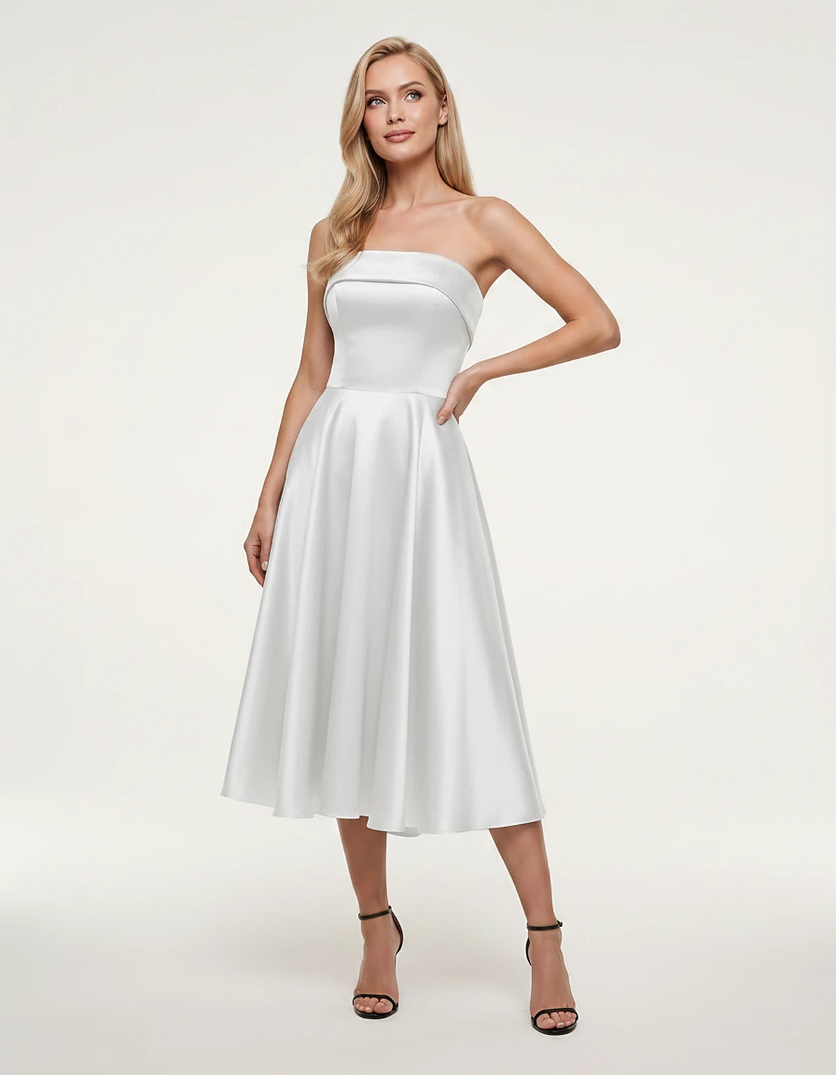 Satin Strapless A-Line Tea Length Midi Dress for Party, Cocktail, Evening, Prom, Wedding Guest and Summer Events, front view 