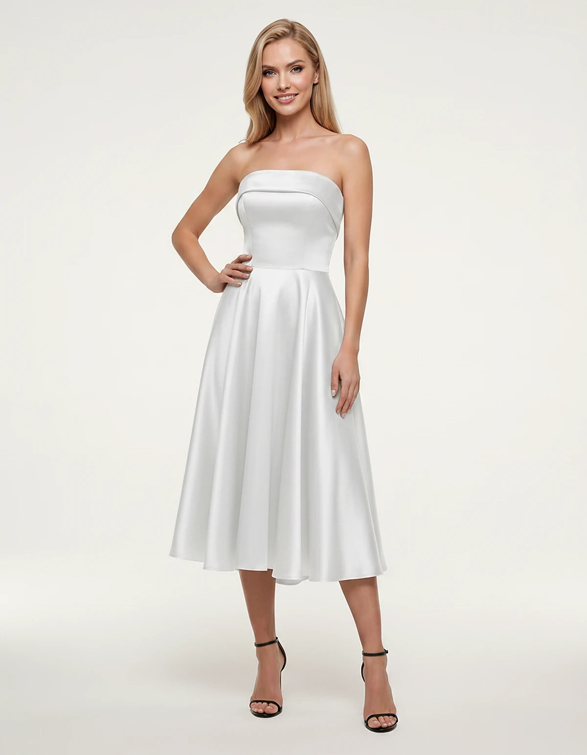 Satin Strapless A-Line Tea Length Midi Dress for Party, Cocktail, Evening, Prom, Wedding Guest and Summer Events, front view 