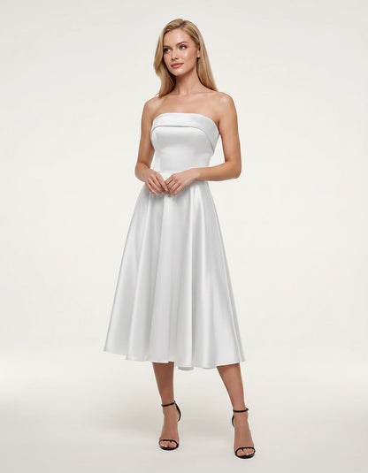 Satin Strapless A-Line Tea Length Midi Dress for Party, Cocktail, Evening, Prom, Wedding Guest and Summer Events, front view 