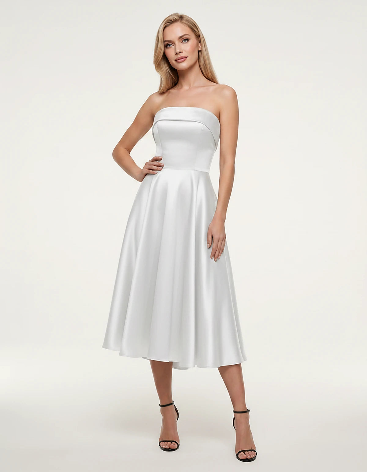 Satin Strapless A-Line Tea Length Midi Dress for Party, Cocktail, Evening, Prom, Wedding Guest and Summer Events, front view 