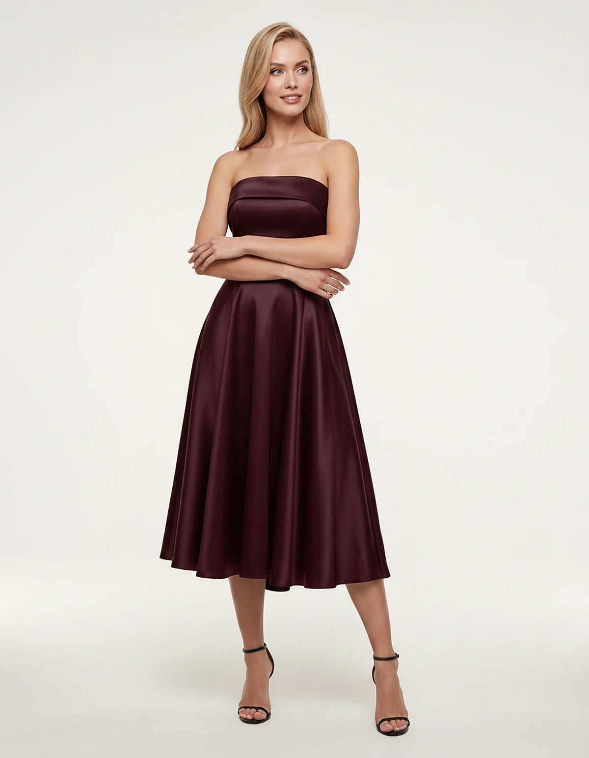 Satin Strapless A-Line Tea Length Midi Dress for Party, Cocktail, Evening, Prom, Wedding Guest and Summer Events, front view 