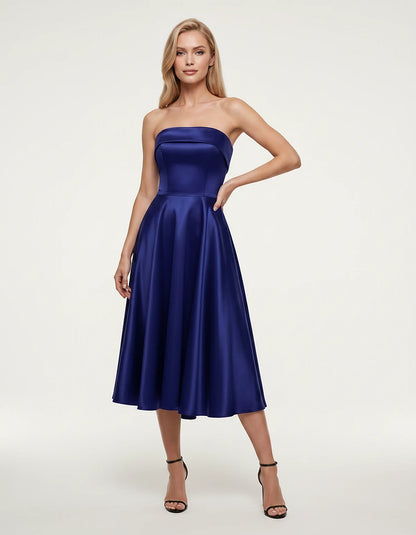 Satin Strapless A-Line Tea Length Midi Dress for Party, Cocktail, Evening, Prom, Wedding Guest and Summer Events, front view 
