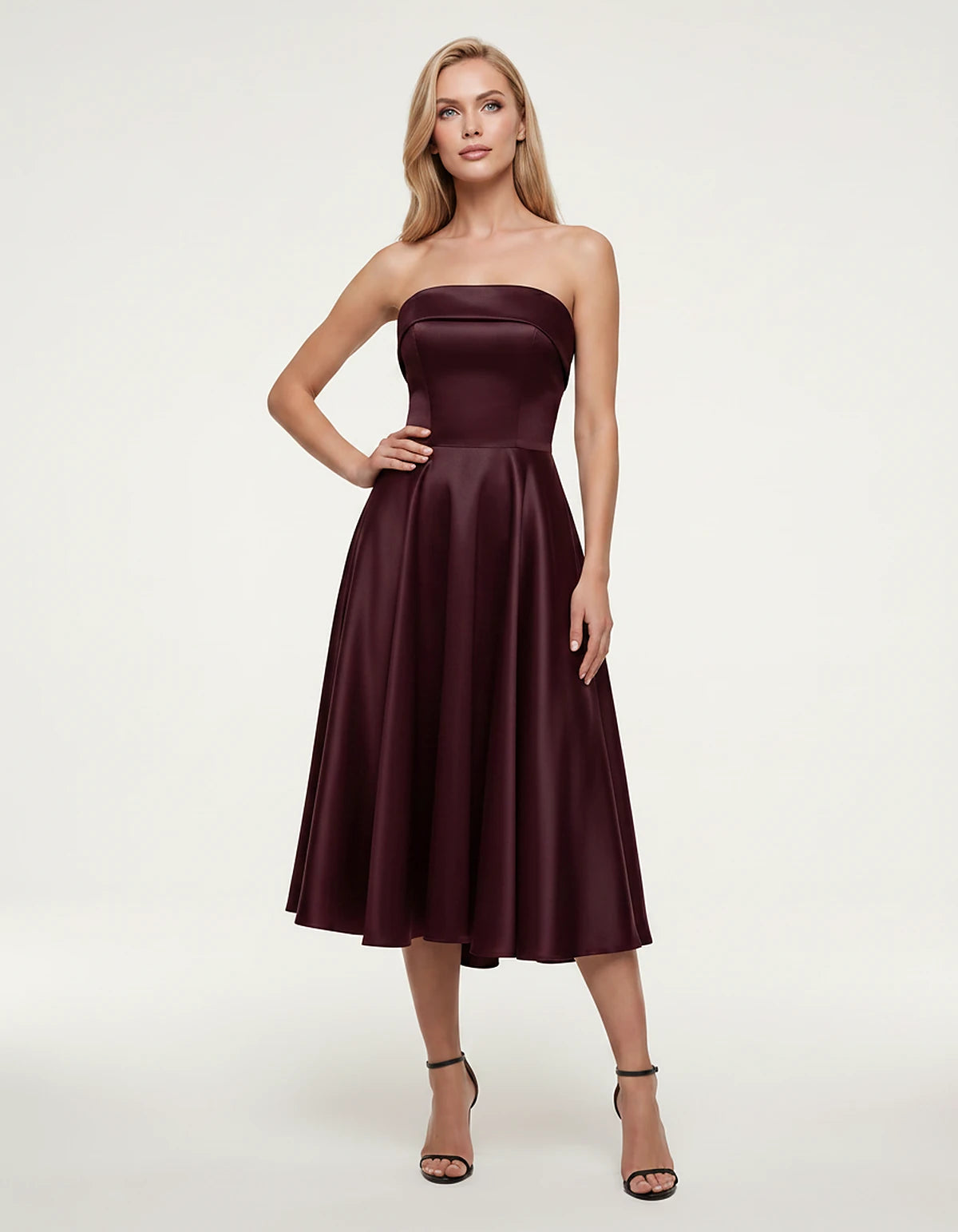 Satin Strapless A-Line Tea Length Midi Dress for Party, Cocktail, Evening, Prom, Wedding Guest and Summer Events, front view 