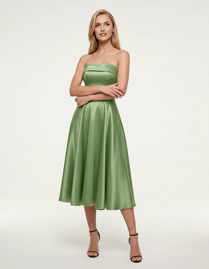 Satin Strapless A-Line Tea Length Midi Dress for Party, Cocktail, Evening, Prom, Wedding Guest and Summer Events, front view 