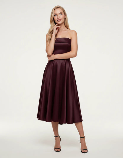 Satin Strapless A-Line Tea Length Midi Dress for Party, Cocktail, Evening, Prom, Wedding Guest and Summer Events, front view 