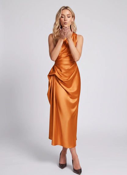 White,black,blue,red,navy,orange,brown,beige Satin Slip Round Neck Sleeveless Midi Dress | Black-Tie Events, Cocktail Hour & | SKU: VD-483920174651208-ORANGE-L,VD-483920174651208-ORANGE-M,VD-483920174651208-ORANGE-S,VD-483920174651208-ORANGE-XL,VD-483920174651208-ORANGE-XS