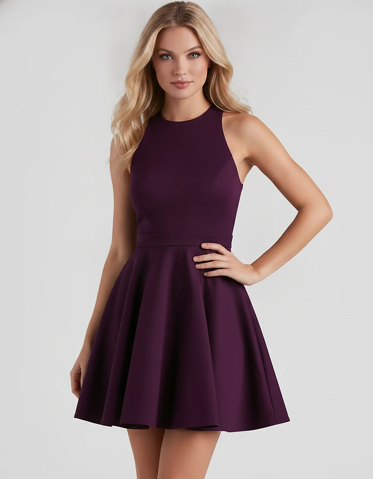 Satin Sleeveless High Neck Fit and Flare Mini Dress with Open Back Bow for Homecoming, Party, Cocktail, Graduation & Wedding | SKU: VMD-583920174615284-PLUM-L,VMD-583920174615284-PLUM-M,VMD-583920174615284-PLUM-S,VMD-583920174615284-PLUM-XL,VMD-583920174615284-PLUM-XS
