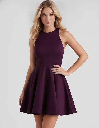 Satin Sleeveless High Neck Fit and Flare Mini Dress with Open Back Bow for Homecoming, Party, Cocktail, Graduation & Wedding | SKU: VMD-583920174615284-PLUM-L,VMD-583920174615284-PLUM-M,VMD-583920174615284-PLUM-S,VMD-583920174615284-PLUM-XL,VMD-583920174615284-PLUM-XS