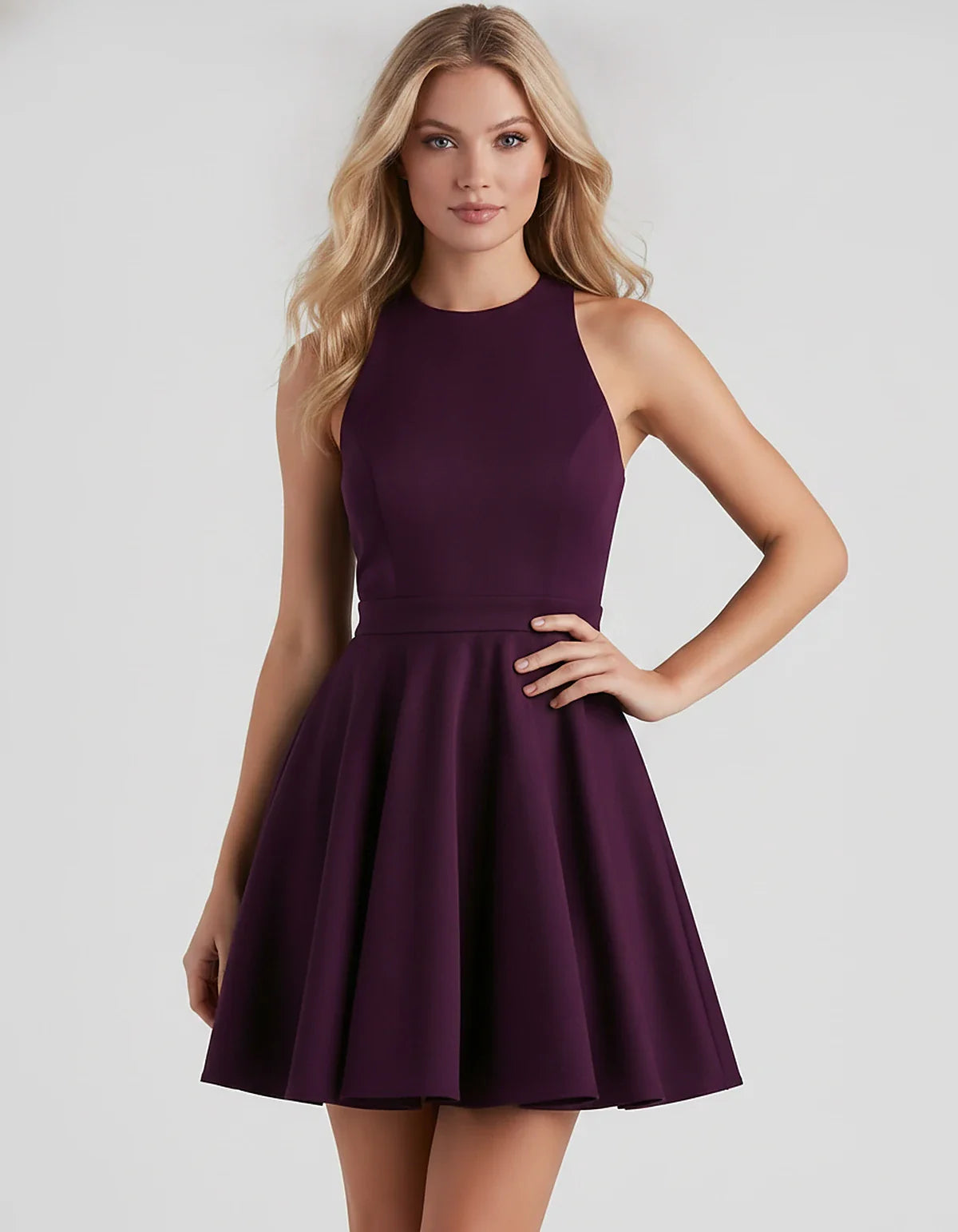 Satin Sleeveless High Neck Fit and Flare Mini Dress with Open Back Bow for Homecoming, Party, Cocktail, Graduation & Wedding | SKU: VMD-583920174615284-PLUM-L,VMD-583920174615284-PLUM-M,VMD-583920174615284-PLUM-S,VMD-583920174615284-PLUM-XL,VMD-583920174615284-PLUM-XS