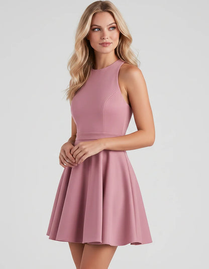 Satin Sleeveless High Neck Fit and Flare Mini Dress with Open Back Bow for Homecoming, Party, Cocktail, Graduation & Wedding | SKU: VMD-583920174615284-DUSTYROSE-L,VMD-583920174615284-DUSTYROSE-M,VMD-583920174615284-DUSTYROSE-S,VMD-583920174615284-DUSTYROSE-XL,VMD-583920174615284-DUSTYROSE-XS