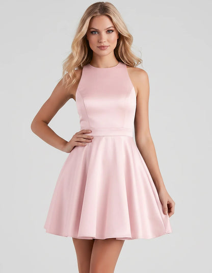 Satin Sleeveless High Neck Fit and Flare Mini Dress with Open Back Bow for Homecoming, Party, Cocktail, Graduation & Wedding | SKU: VMD-583920174615284-BLUSH-L,VMD-583920174615284-BLUSH-M,VMD-583920174615284-BLUSH-S,VMD-583920174615284-BLUSH-XL,VMD-583920174615284-BLUSH-XS
