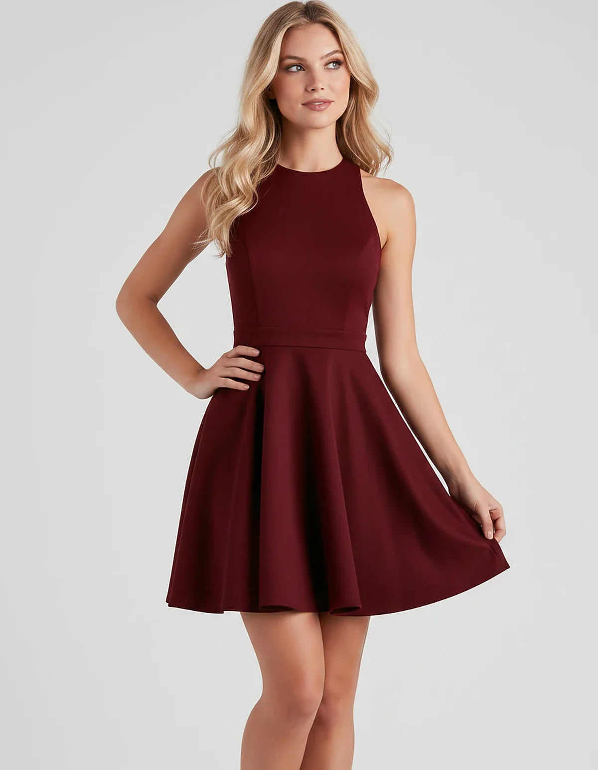 Satin Sleeveless High Neck Fit and Flare Mini Dress with Open Back Bow for Homecoming, Party, Cocktail, Graduation & Wedding | SKU: VMD-583920174615284-BURGUNDY-L,VMD-583920174615284-BURGUNDY-M,VMD-583920174615284-BURGUNDY-S,VMD-583920174615284-BURGUNDY-XL,VMD-583920174615284-BURGUNDY-XS