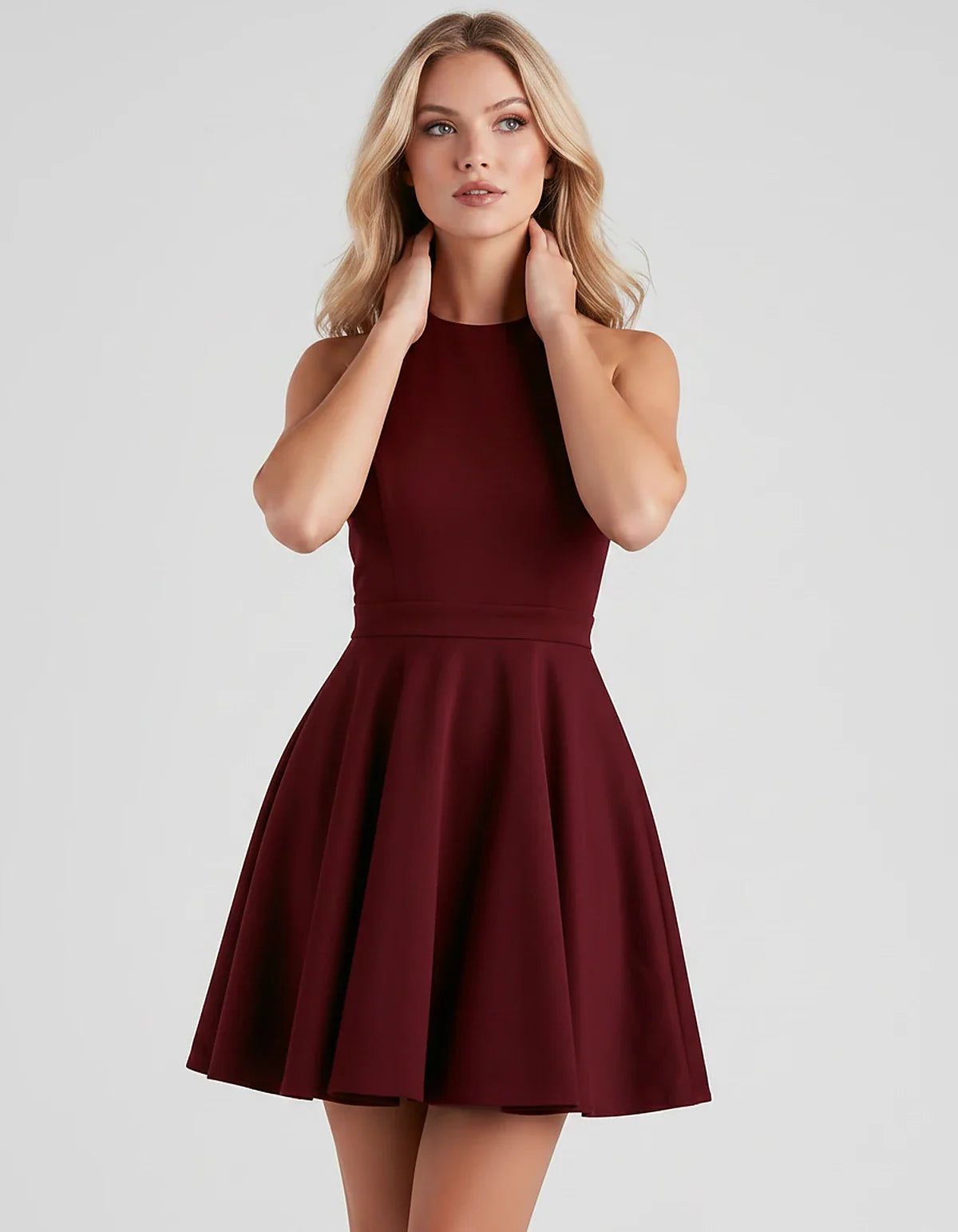 Satin Sleeveless High Neck Fit and Flare Mini Dress with Open Back Bow for Homecoming, Party, Cocktail, Graduation & Wedding | SKU: VMD-583920174615284-BURGUNDY-L,VMD-583920174615284-BURGUNDY-M,VMD-583920174615284-BURGUNDY-S,VMD-583920174615284-BURGUNDY-XL,VMD-583920174615284-BURGUNDY-XS