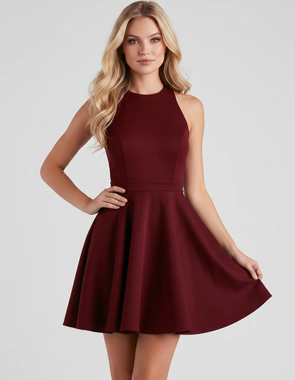 Satin Sleeveless High Neck Fit and Flare Mini Dress with Open Back Bow for Homecoming, Party, Cocktail, Graduation & Wedding | SKU: VMD-583920174615284-BURGUNDY-L,VMD-583920174615284-BURGUNDY-M,VMD-583920174615284-BURGUNDY-S,VMD-583920174615284-BURGUNDY-XL,VMD-583920174615284-BURGUNDY-XS