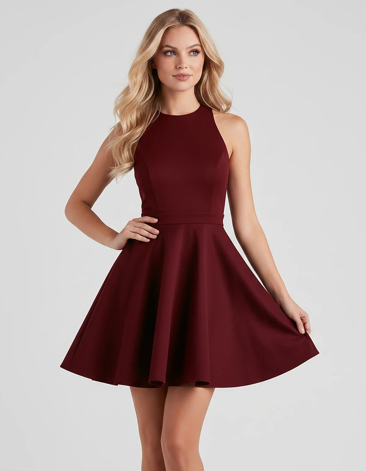 Satin Sleeveless High Neck Fit and Flare Mini Dress with Open Back Bow for Homecoming, Party, Cocktail, Graduation & Wedding | SKU: VMD-583920174615284-BURGUNDY-L,VMD-583920174615284-BURGUNDY-M,VMD-583920174615284-BURGUNDY-S,VMD-583920174615284-BURGUNDY-XL,VMD-583920174615284-BURGUNDY-XS