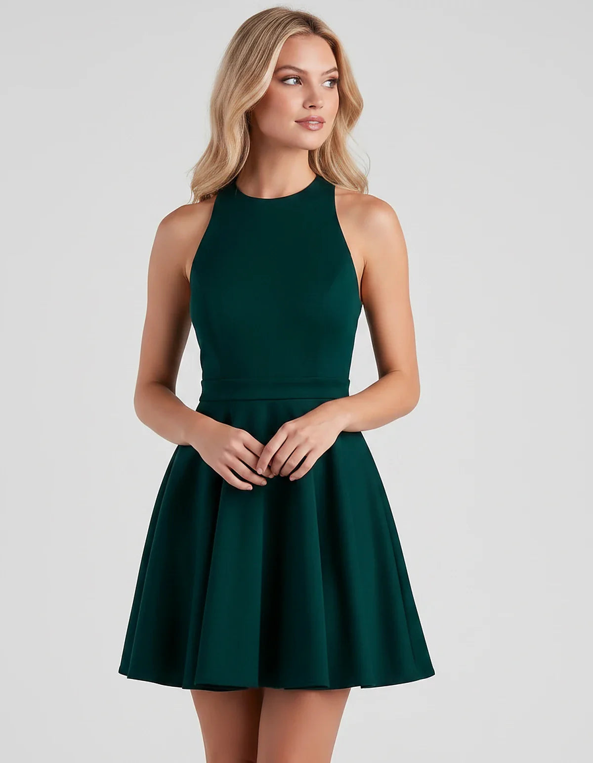 Satin Sleeveless High Neck Fit and Flare Mini Dress with Open Back Bow for Homecoming, Party, Cocktail, Graduation & Wedding | SKU: VMD-583920174615284-TEAL-L,VMD-583920174615284-TEAL-M,VMD-583920174615284-TEAL-S,VMD-583920174615284-TEAL-XL,VMD-583920174615284-TEAL-XS
