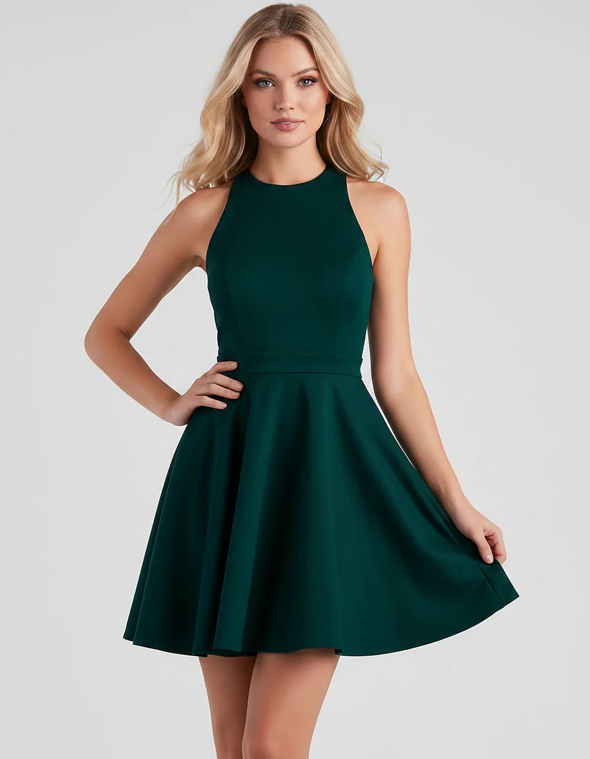 Satin Sleeveless High Neck Fit and Flare Mini Dress with Open Back Bow for Homecoming, Party, Cocktail, Graduation & Wedding | SKU: VMD-583920174615284-TEAL-L,VMD-583920174615284-TEAL-M,VMD-583920174615284-TEAL-S,VMD-583920174615284-TEAL-XL,VMD-583920174615284-TEAL-XS