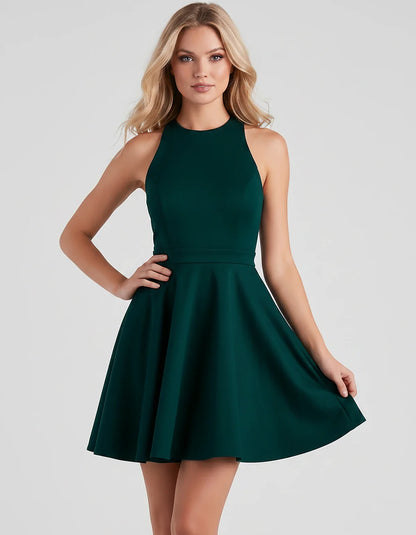 Satin Sleeveless High Neck Fit and Flare Mini Dress with Open Back Bow for Homecoming, Party, Cocktail, Graduation & Wedding | SKU: VMD-583920174615284-TEAL-L,VMD-583920174615284-TEAL-M,VMD-583920174615284-TEAL-S,VMD-583920174615284-TEAL-XL,VMD-583920174615284-TEAL-XS