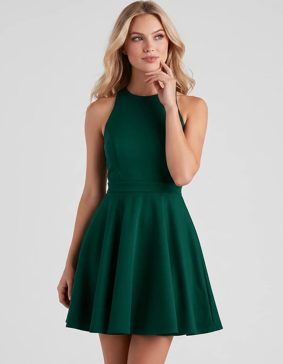 Satin Sleeveless High Neck Fit and Flare Mini Dress with Open Back Bow for Homecoming, Party, Cocktail, Graduation & Wedding | SKU: VMD-583920174615284-GREEN-L,VMD-583920174615284-GREEN-M,VMD-583920174615284-GREEN-S,VMD-583920174615284-GREEN-XL,VMD-583920174615284-GREEN-XS
