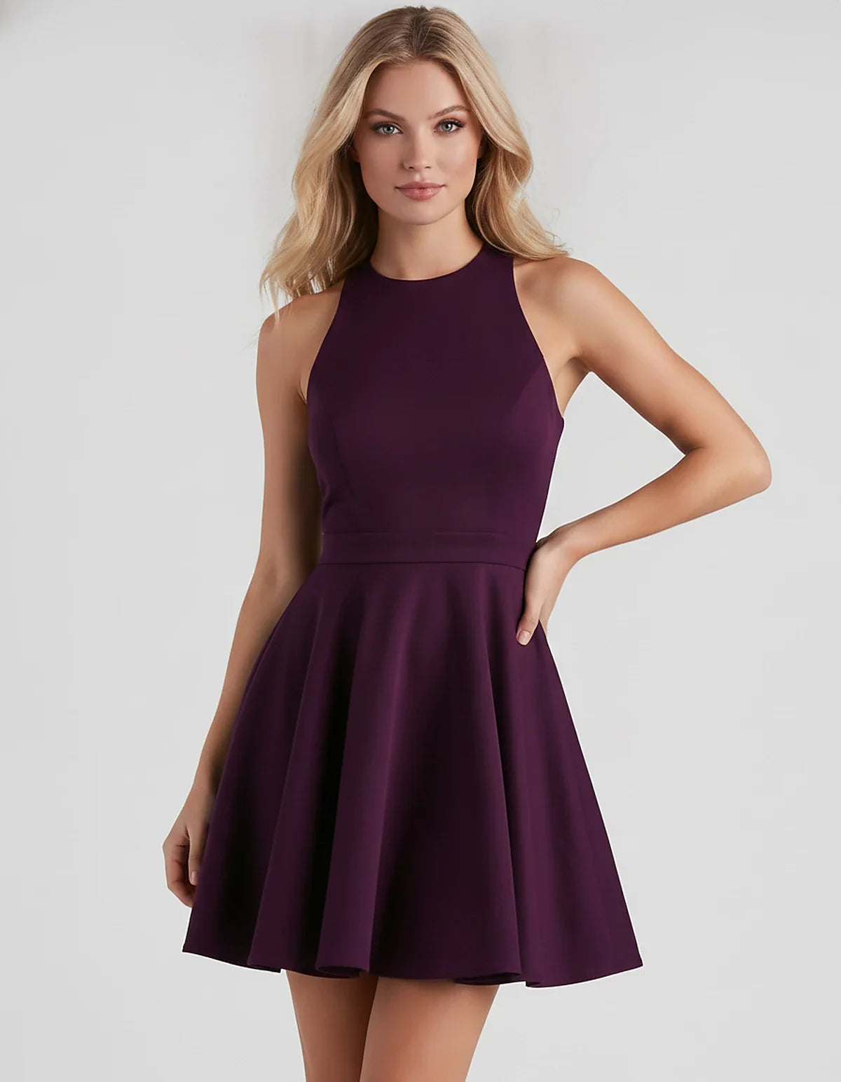 Satin Sleeveless High Neck Fit and Flare Mini Dress with Open Back Bow for Homecoming, Party, Cocktail, Graduation & Wedding | SKU: VMD-583920174615284-PLUM-L,VMD-583920174615284-PLUM-M,VMD-583920174615284-PLUM-S,VMD-583920174615284-PLUM-XL,VMD-583920174615284-PLUM-XS