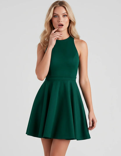 Satin Sleeveless High Neck Fit and Flare Mini Dress with Open Back Bow for Homecoming, Party, Cocktail, Graduation & Wedding | SKU: VMD-583920174615284-GREEN-L,VMD-583920174615284-GREEN-M,VMD-583920174615284-GREEN-S,VMD-583920174615284-GREEN-XL,VMD-583920174615284-GREEN-XS