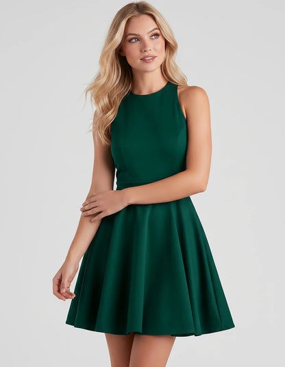 Satin Sleeveless High Neck Fit and Flare Mini Dress with Open Back Bow for Homecoming, Party, Cocktail, Graduation & Wedding | SKU: VMD-583920174615284-GREEN-L,VMD-583920174615284-GREEN-M,VMD-583920174615284-GREEN-S,VMD-583920174615284-GREEN-XL,VMD-583920174615284-GREEN-XS